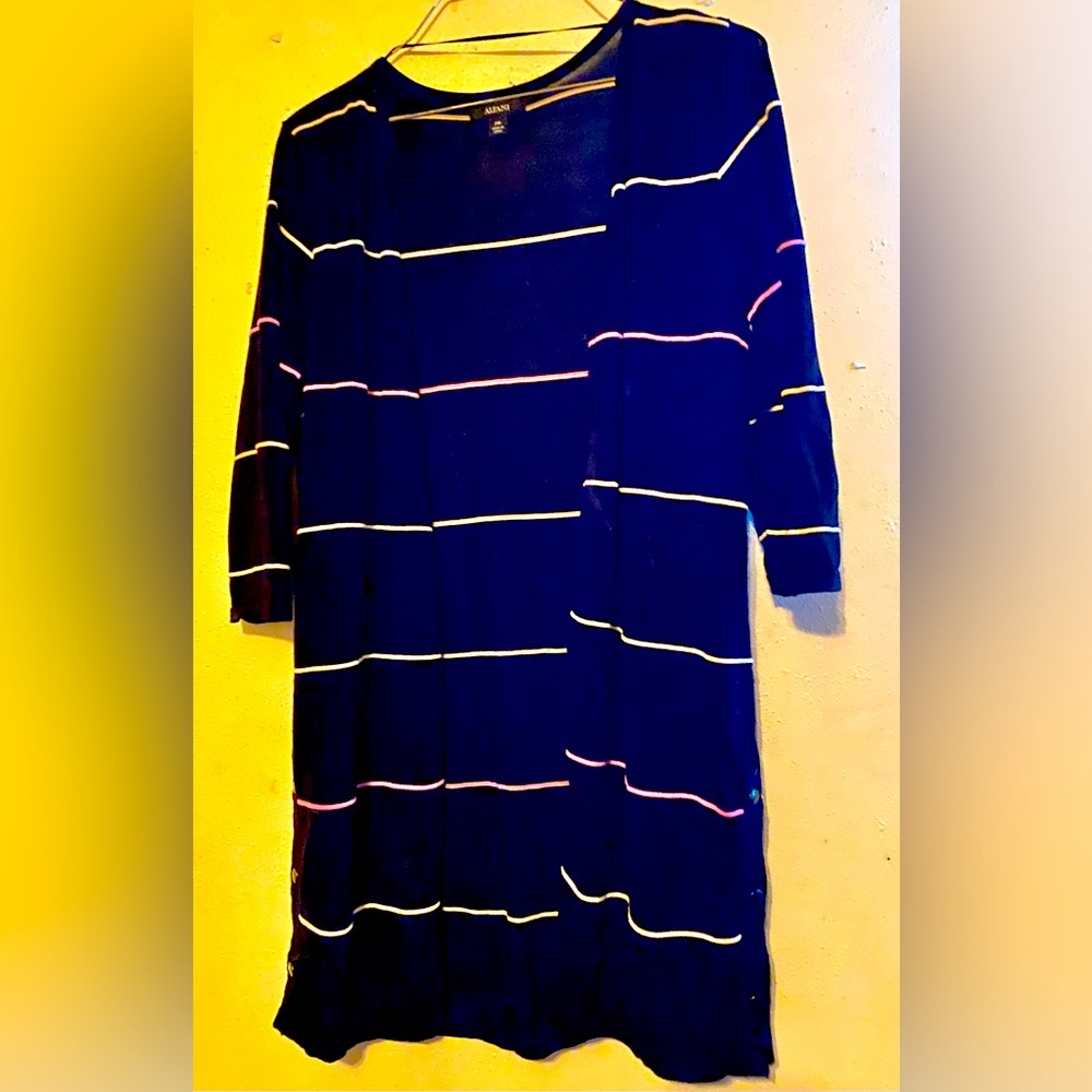 Alfani Wrap Top, Black with Thin Pastel Pink and White Lines, Size PM